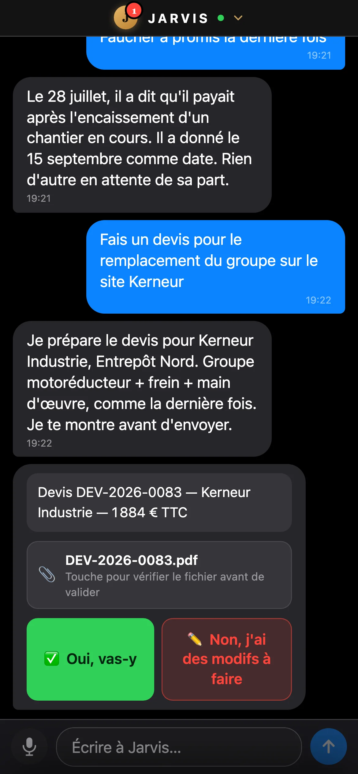 Un devis rédigé à partir d'une description dictée sur le chantier, prêt à valider.