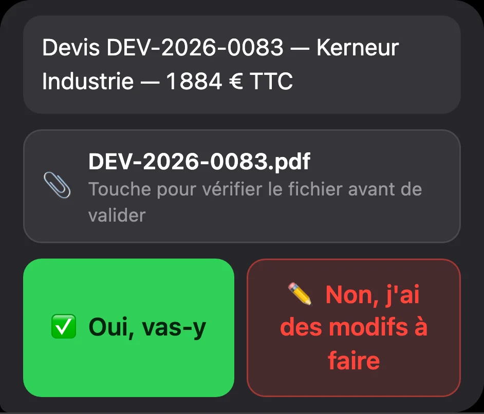 Une carte de validation avec deux boutons, avant l'envoi réel d'un document.