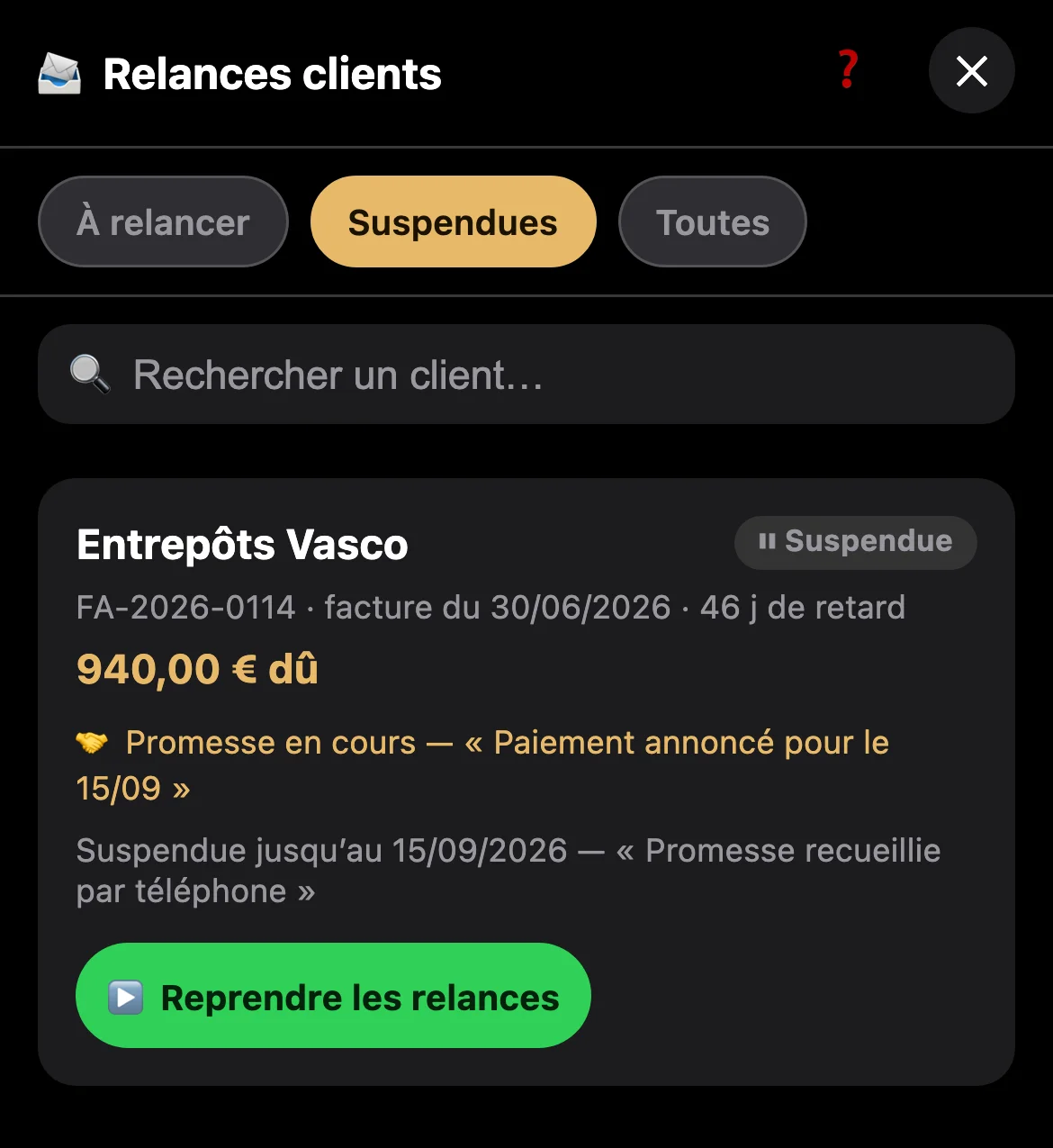 Une relance client suspendue jusqu'à une date de paiement promise.