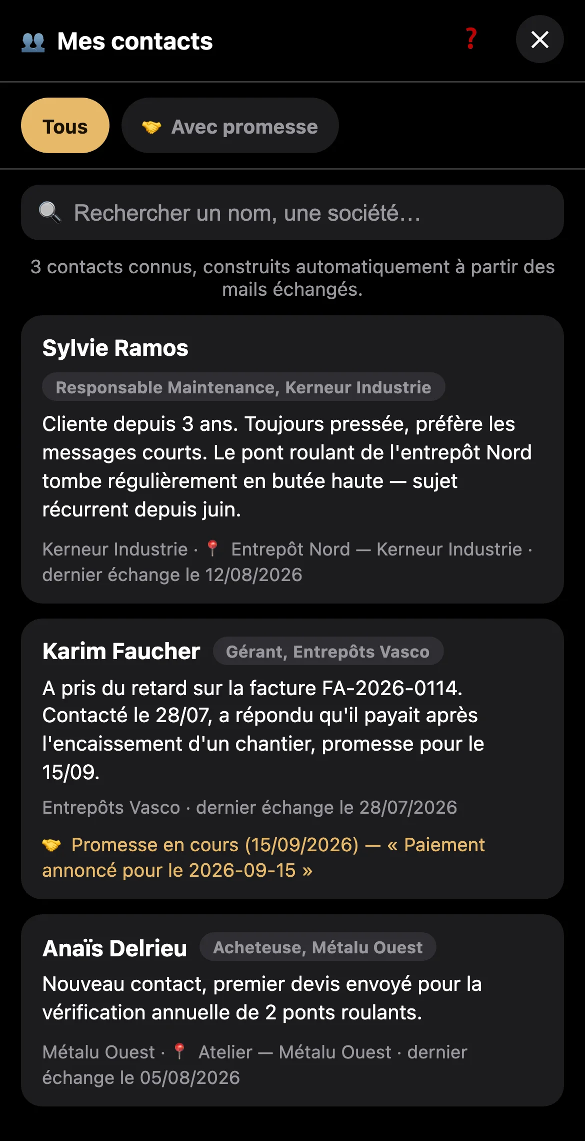 Un résumé de la relation avec un client, mis à jour automatiquement.