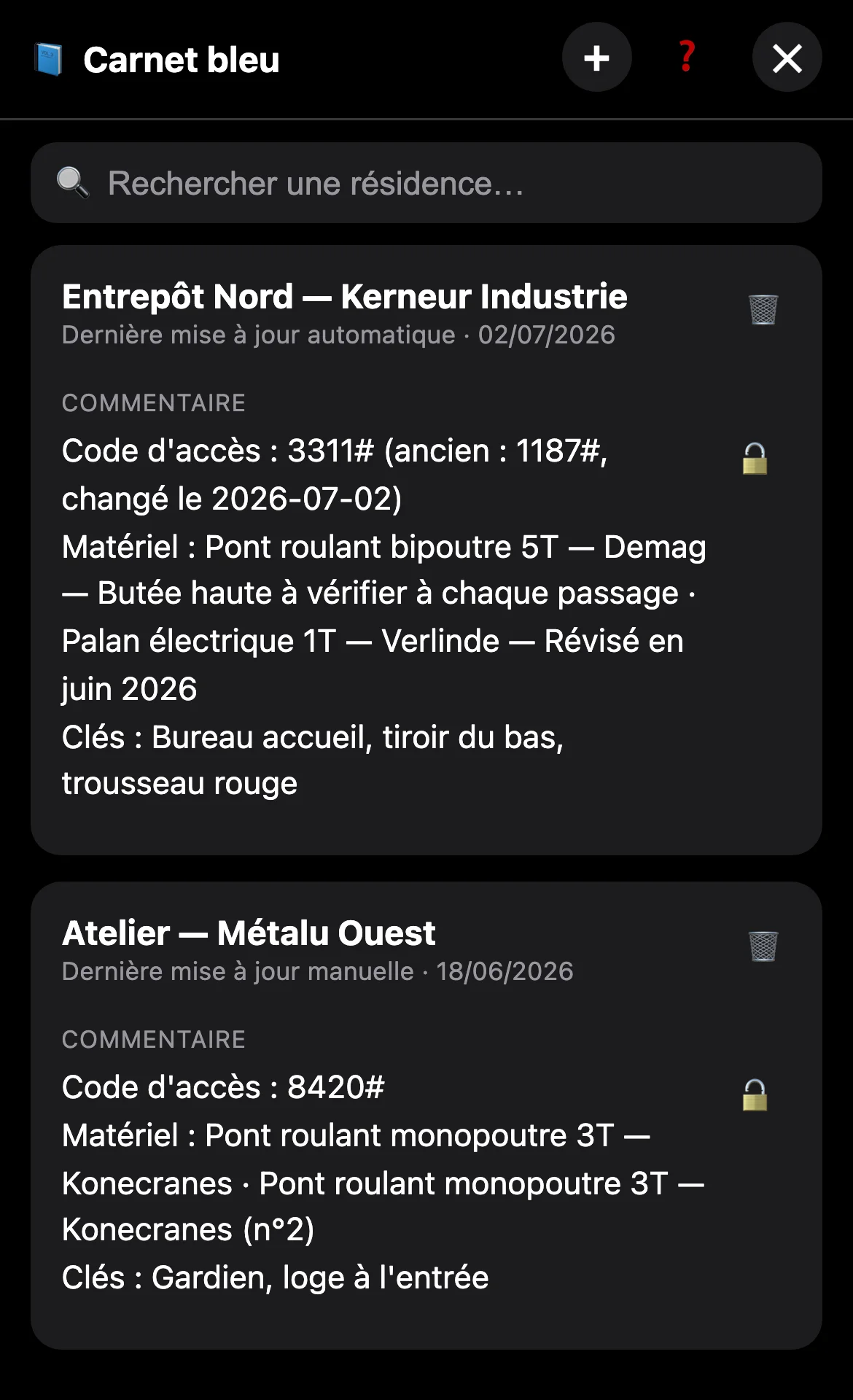Un carnet technique par site, avec code d'accès et historique.