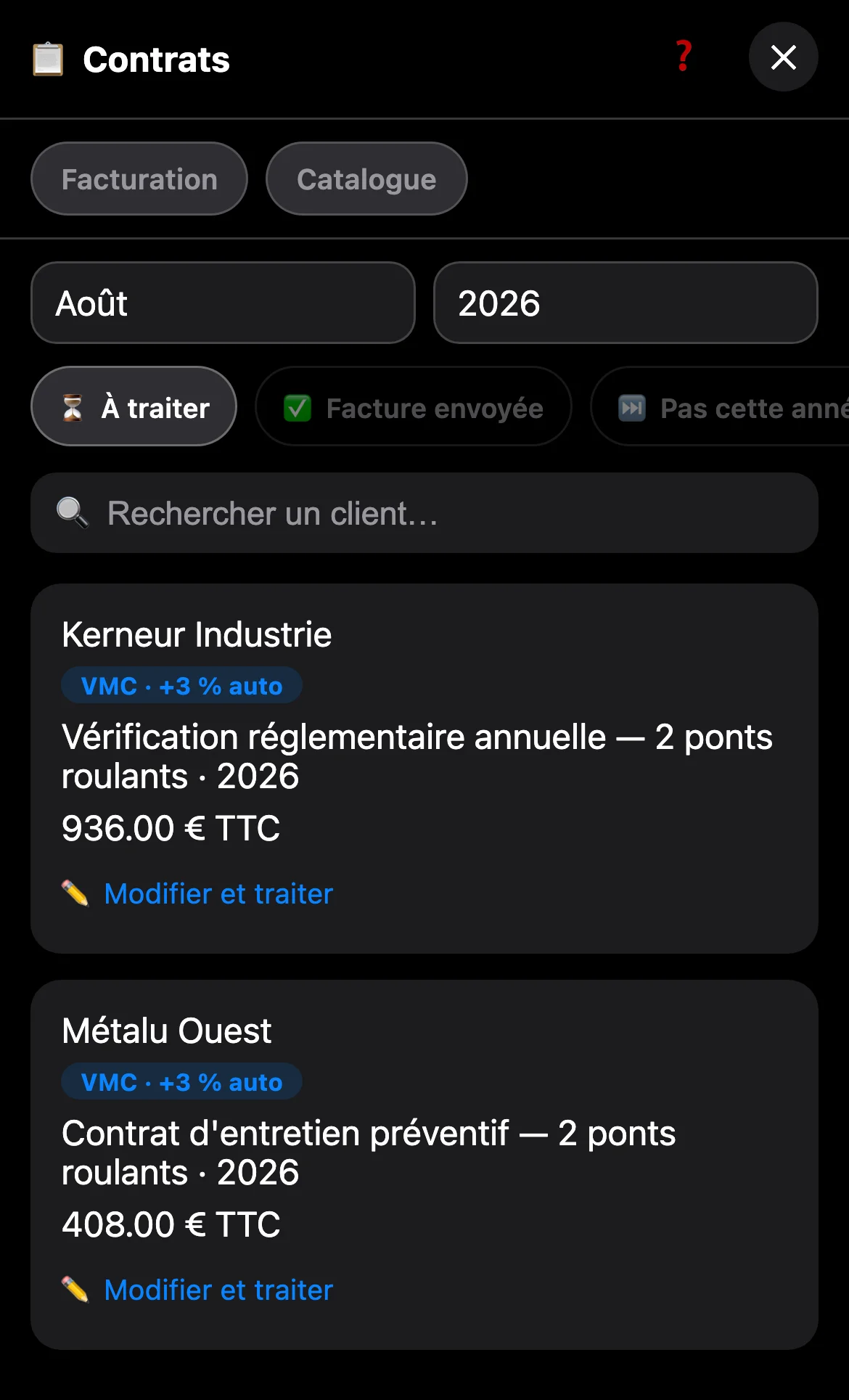 La liste des contrats récurrents et de leurs prochaines échéances.